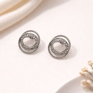 EJ Sense Silver Double Hoop Stud Earrings Textured‎ Circle Design